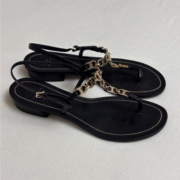 Tory Burch Gemini Black Leather Gold Chain Link Sandals Size 9 Classic Summer - Picture 3 of 9